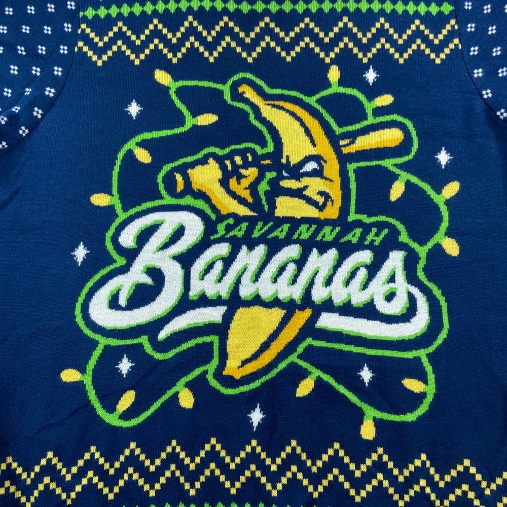Go Bananas Savannah Bananas Sweater Mens XL Blue Ugly Christmas Holiday Baseball